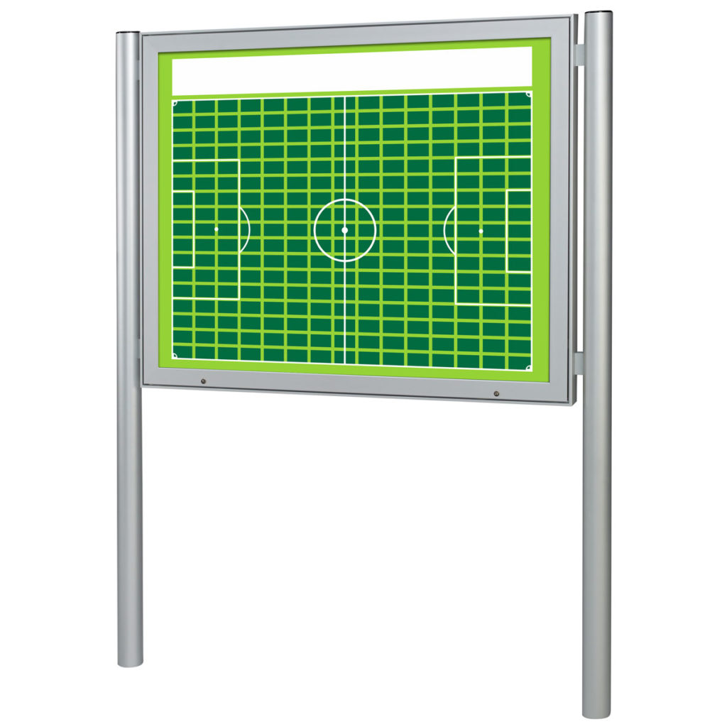Sponsorentafel für den Außenbereich für Sportvereine und Organisationen. Schaukasten mit Klapp Tür Gasdruckfedern, Schloss und Pfopsten zur Boden oder Erdmontage