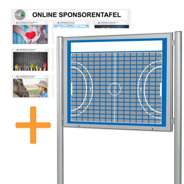 Bundle Sponsorentafel und Online Sponsorentafel im Handball-Design für den Außenbereich für Sportvereine und Organisationen. Schaukasten mit Klapp Tür Gasdruckfedern, Schloss und Pfosten zur Boden oder Erdmontage